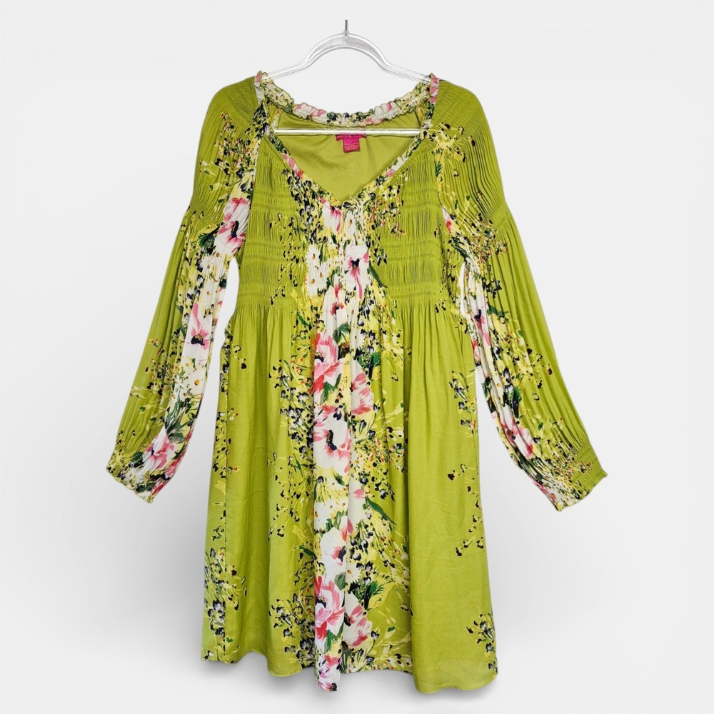 Sunny‎ Leigh Lime Green Floral Smocked Long Sleeve Mini Dress Womens Large